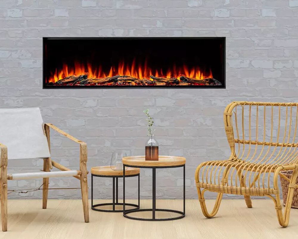 electric fireplace in a room with two wooden armchairs