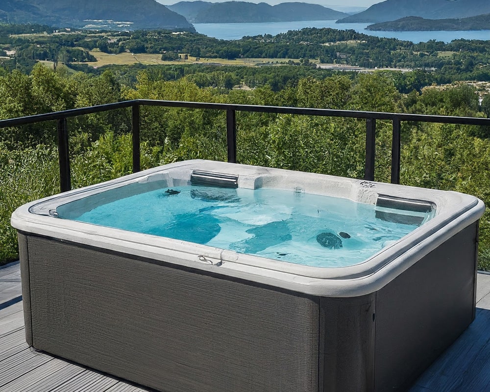 luxurious swim spa installed on a modern deck with a scenic view