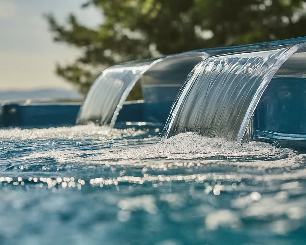 refreshing blue swim spa with crystal clear water and a waterfall feature